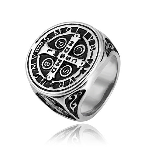 Saint Benedict Medal Signet Ring in gold-tone and silver-tone finishes view 3