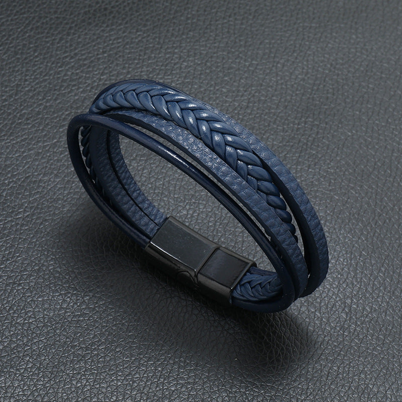 Multi-Strand Braided Leather Bracelet black color magnetic clasp view 4