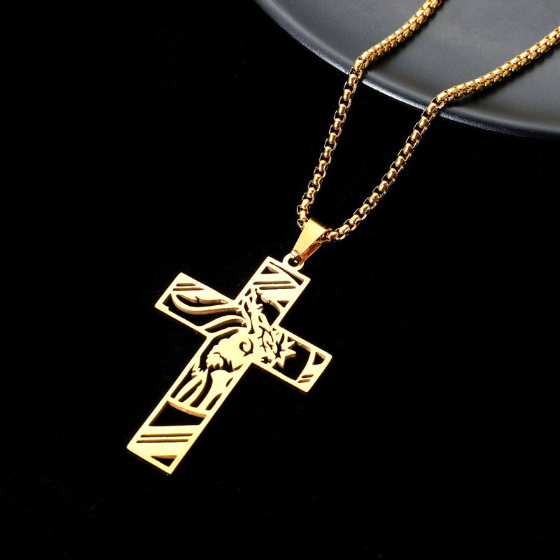 Hollow Cross Titanium Steel Pendant Necklace in silver and gold-tone finishes view 6