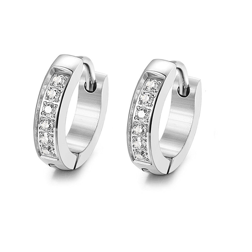 Stainless Steel Iced Huggie Hoop Earrings, silver-tone with cubic zirconia
