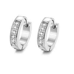 Stainless Steel Iced Huggie Hoop Earrings, silver-tone with cubic zirconia
