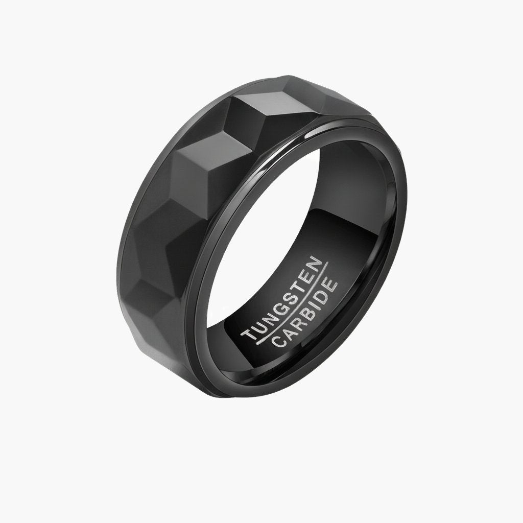 8mm Black Faceted Tungsten Carbide Ring - geometric, durable, black view 5