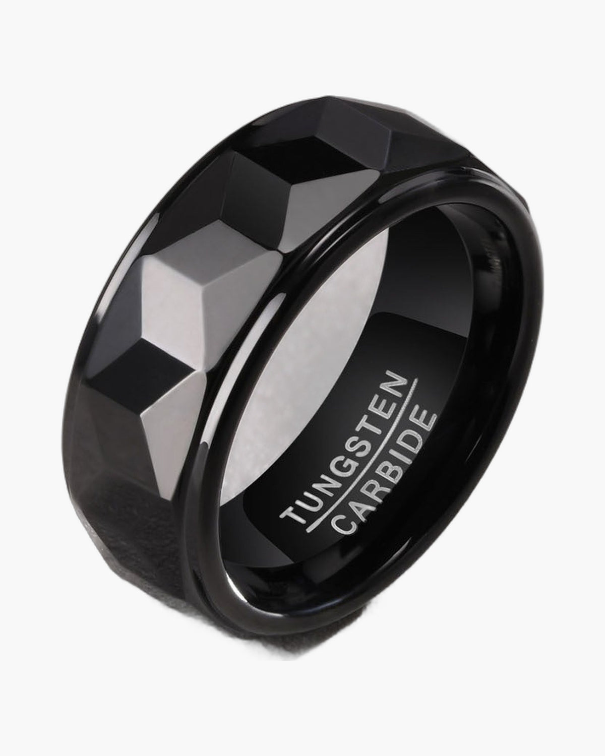 8mm Black Faceted Tungsten Carbide Ring - geometric, durable, black view 3