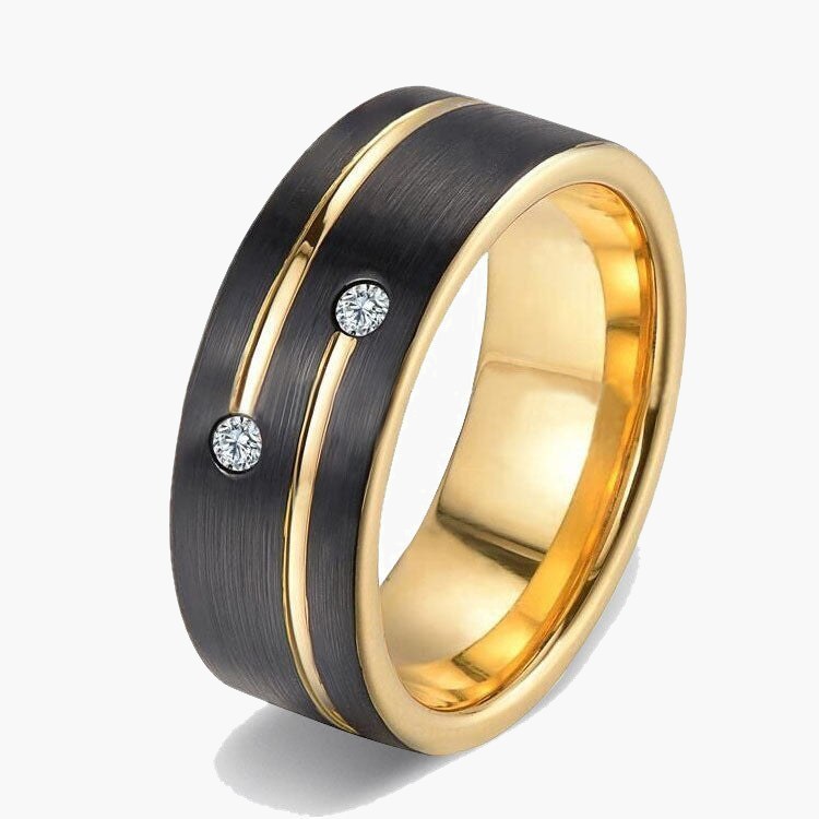 8mm Black Gold Tungsten Carbide Ring with two CZ stones view 2