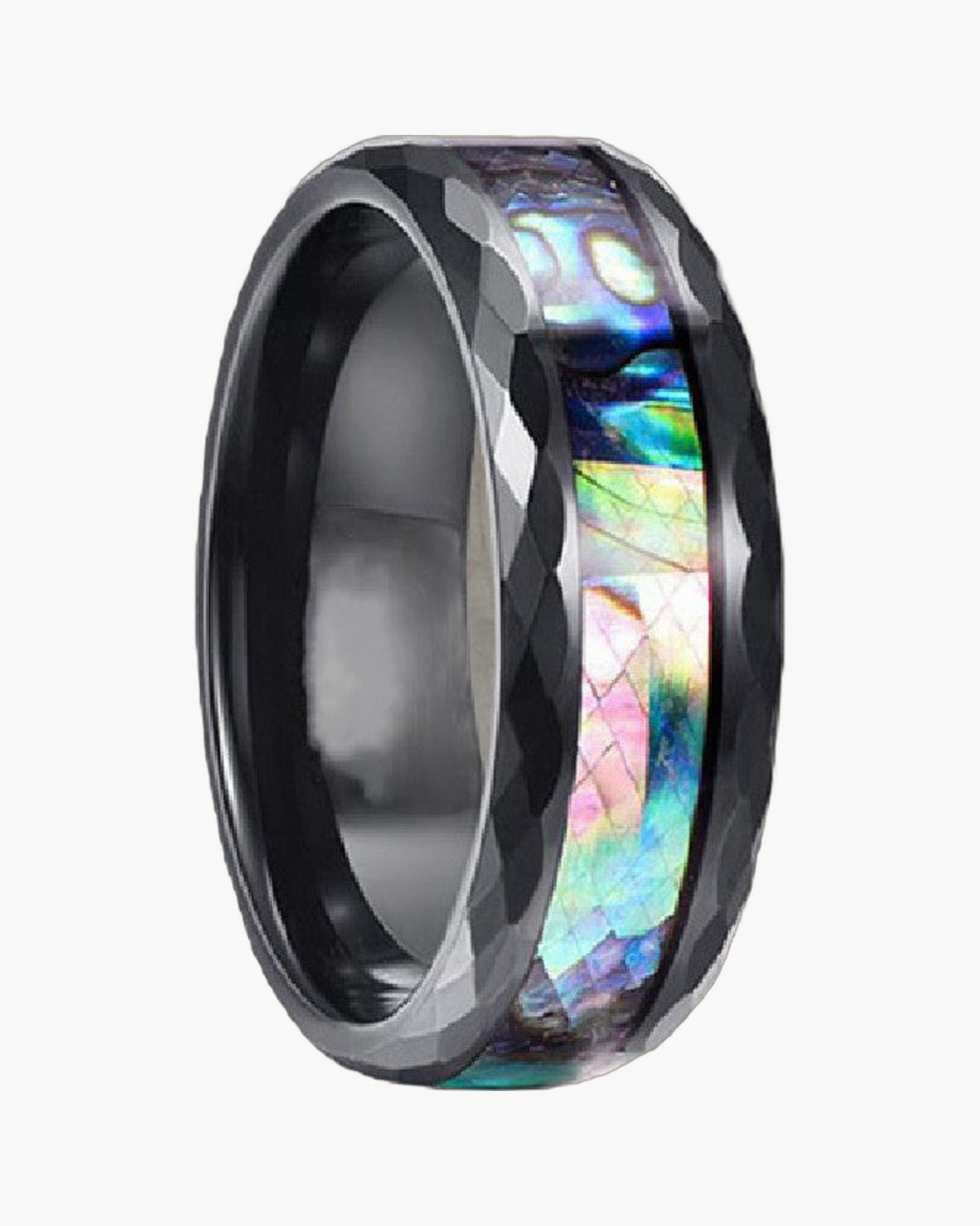 8mm Black Stainless Steel Abalone Inlay Band faceted texture iridescent view 3