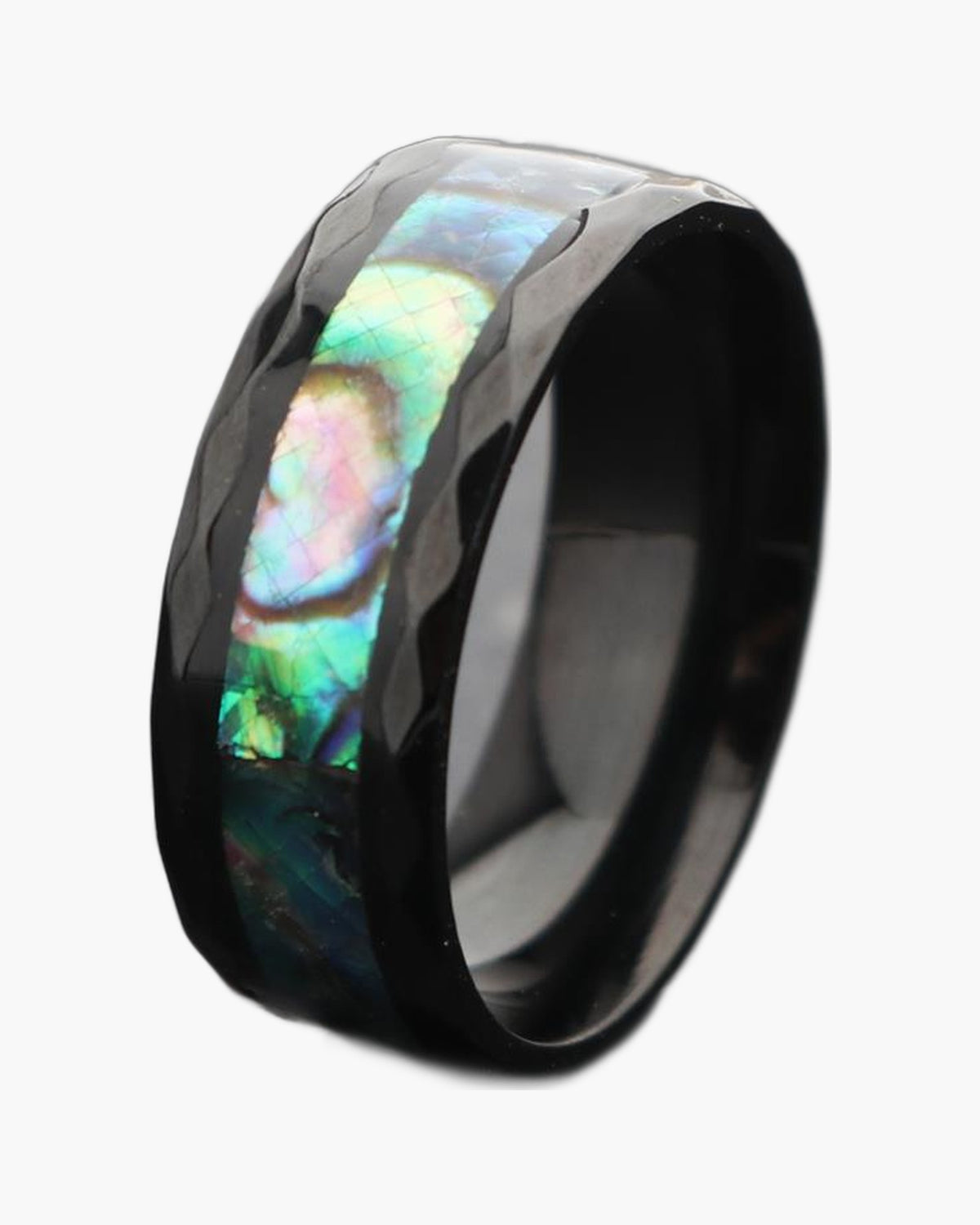 8mm Black Stainless Steel Abalone Inlay Band faceted texture iridescent view 2