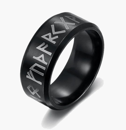 8mm Black Stainless Steel Rune Ring with etched symbols