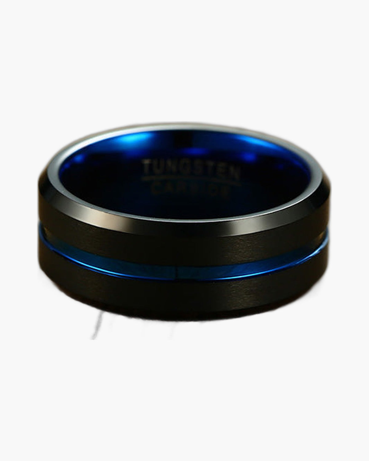 8mm Black Tungsten Carbide Blue Groove Ring, brushed finish, blue interior view 2