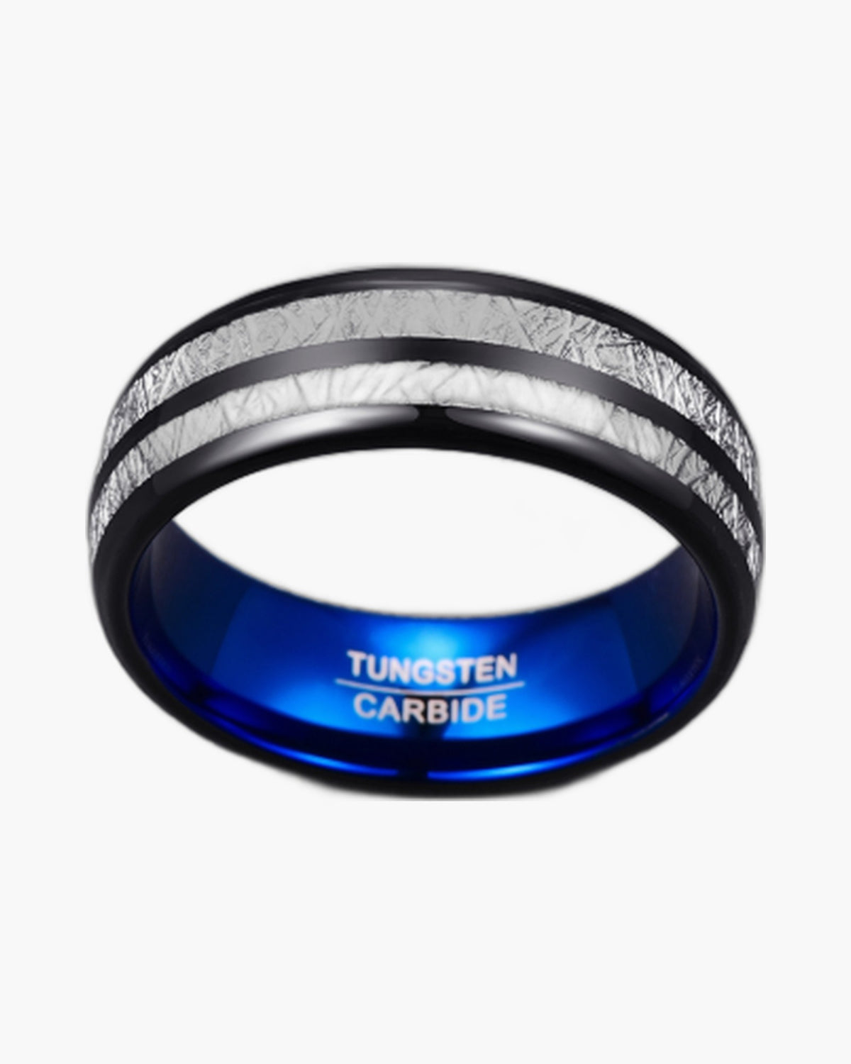 8mm Black Tungsten Carbide Blue Inlay Ring on white background view 3