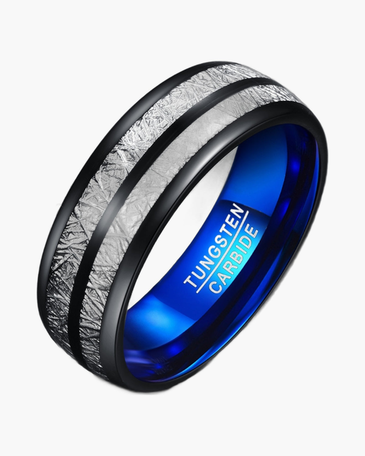 8mm Black Tungsten Carbide Blue Inlay Ring on white background view 2