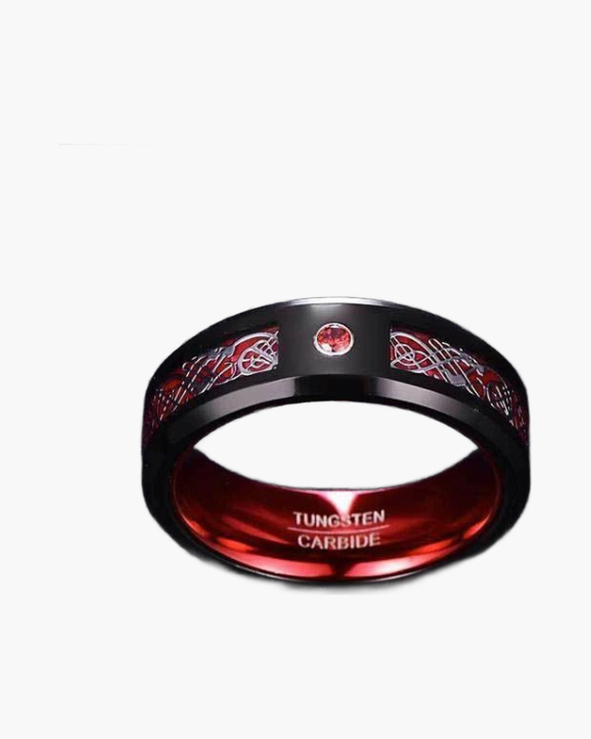 8mm Black Tungsten Carbide Celtic Dragon Ring with red inlay