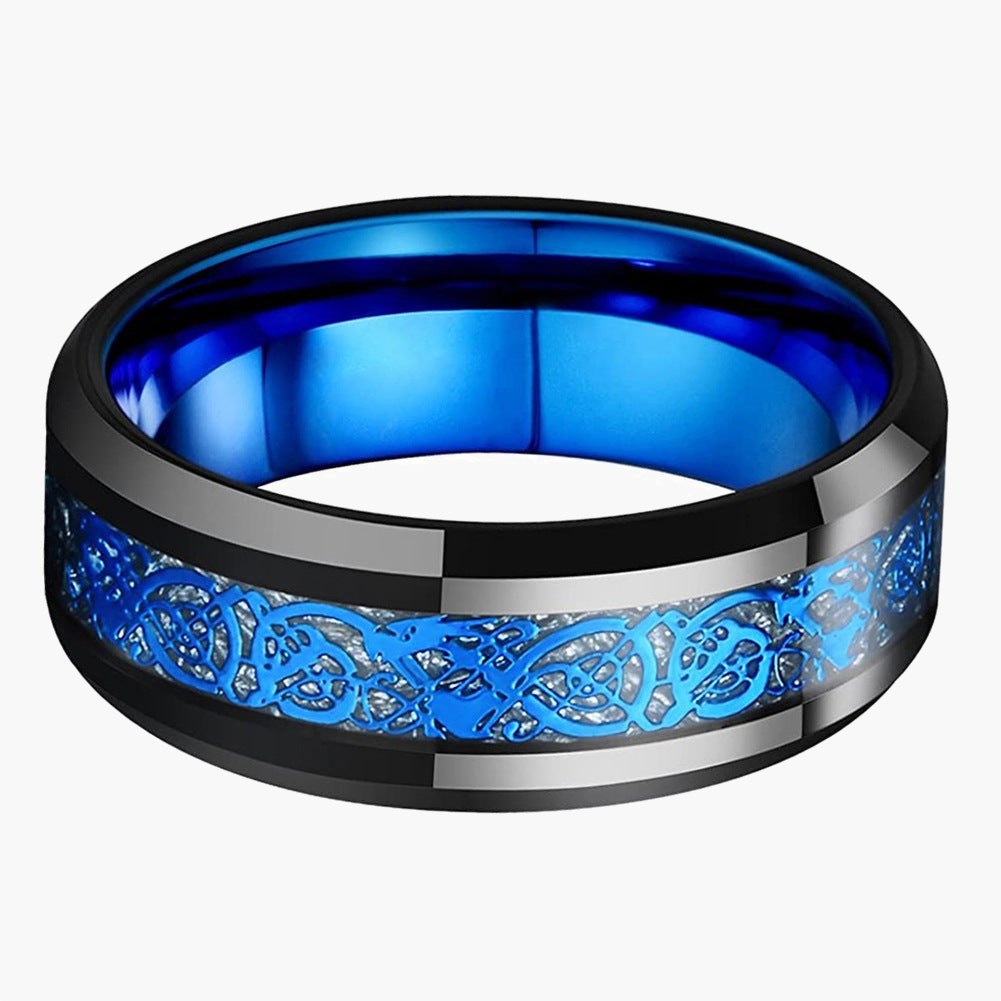 8mm Black Tungsten Carbide Dragon Ring with blue inlay view 2