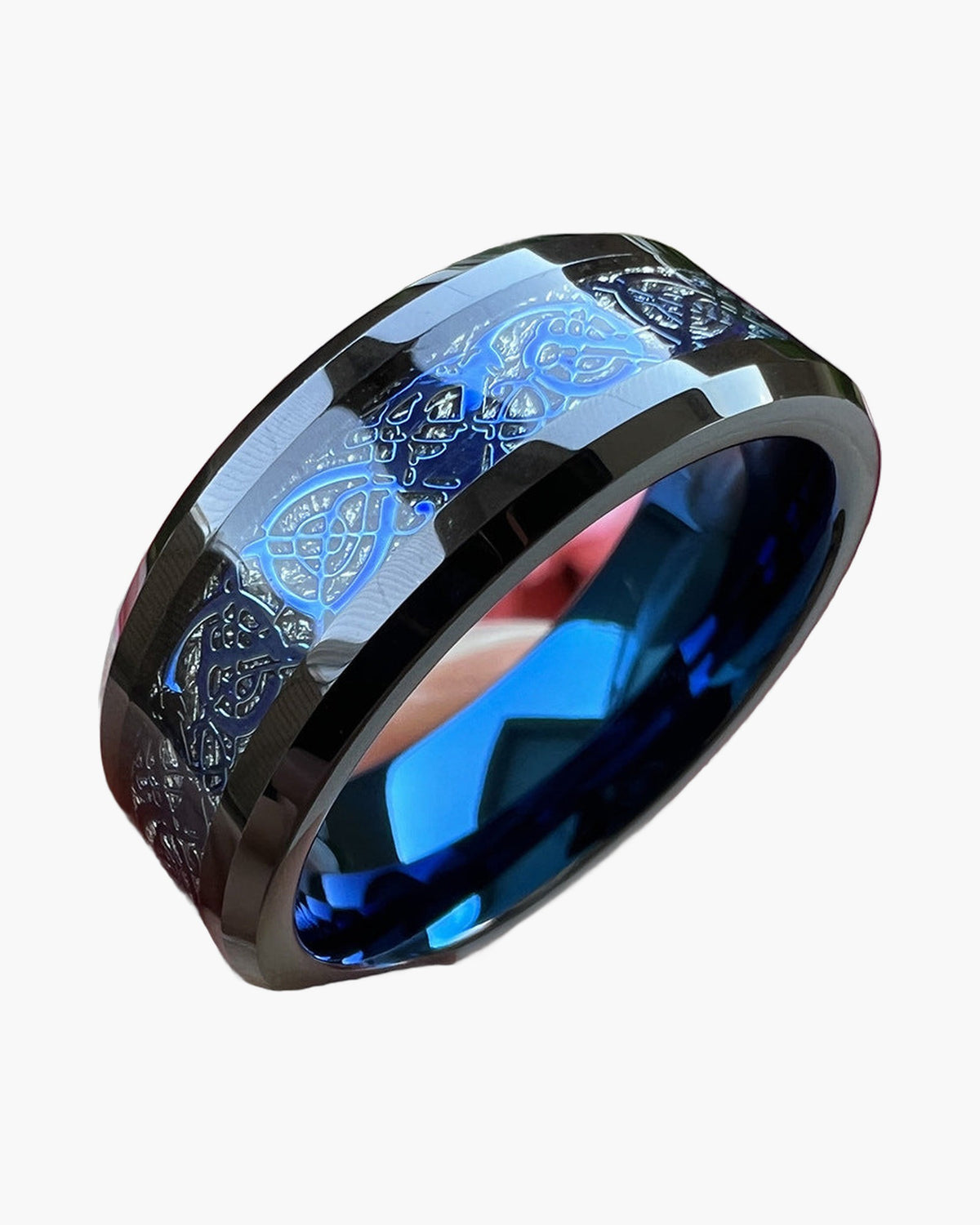 8mm Black Tungsten Carbide Dragon Ring with blue inlay view 3