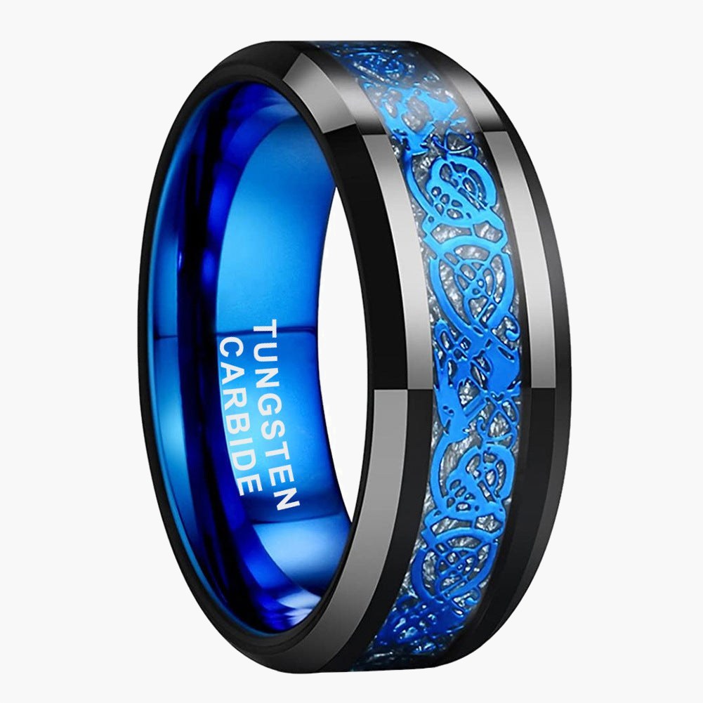 8mm Black Tungsten Carbide Dragon Ring with blue inlay