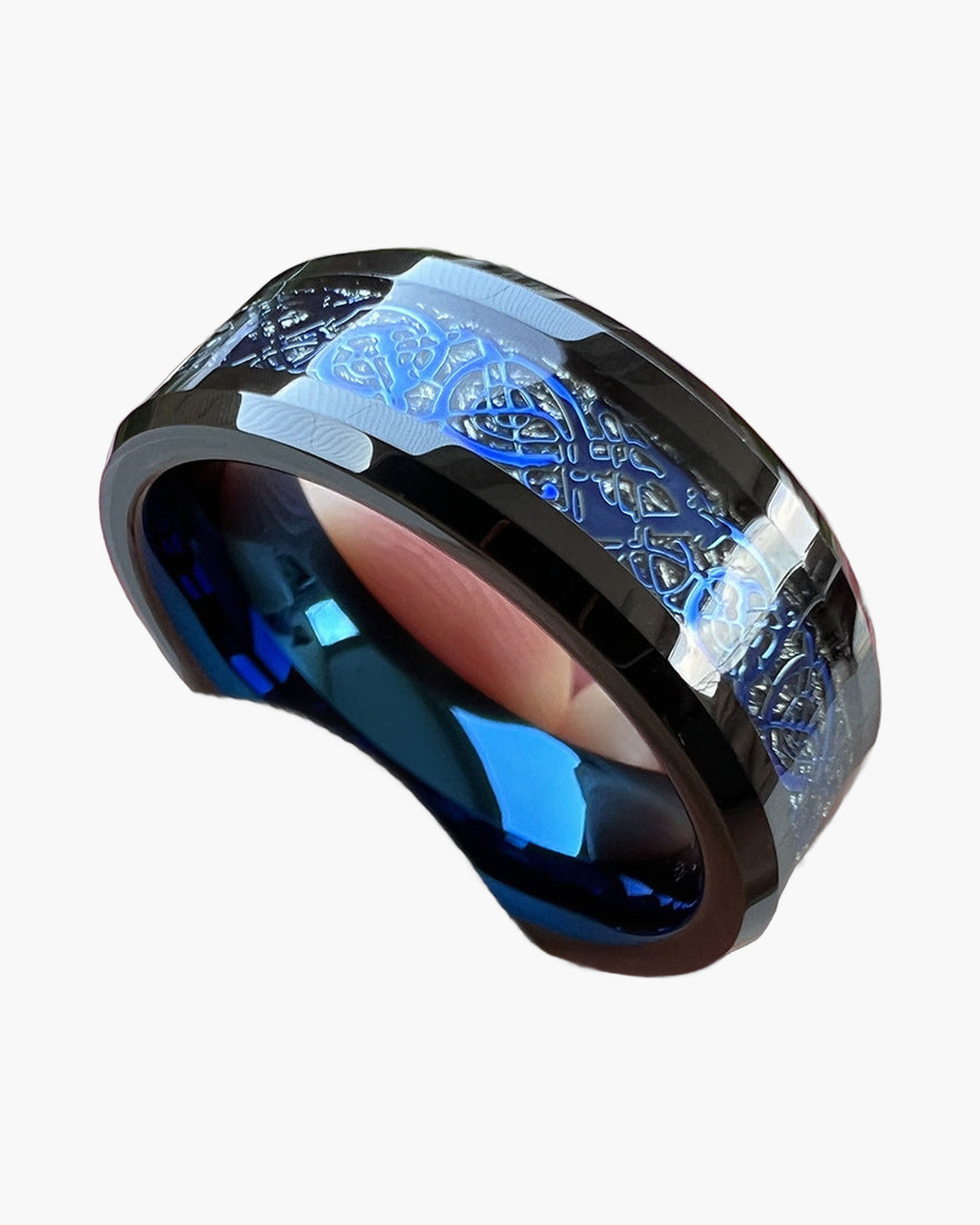 8mm Black Tungsten Carbide Dragon Ring with blue inlay view 4