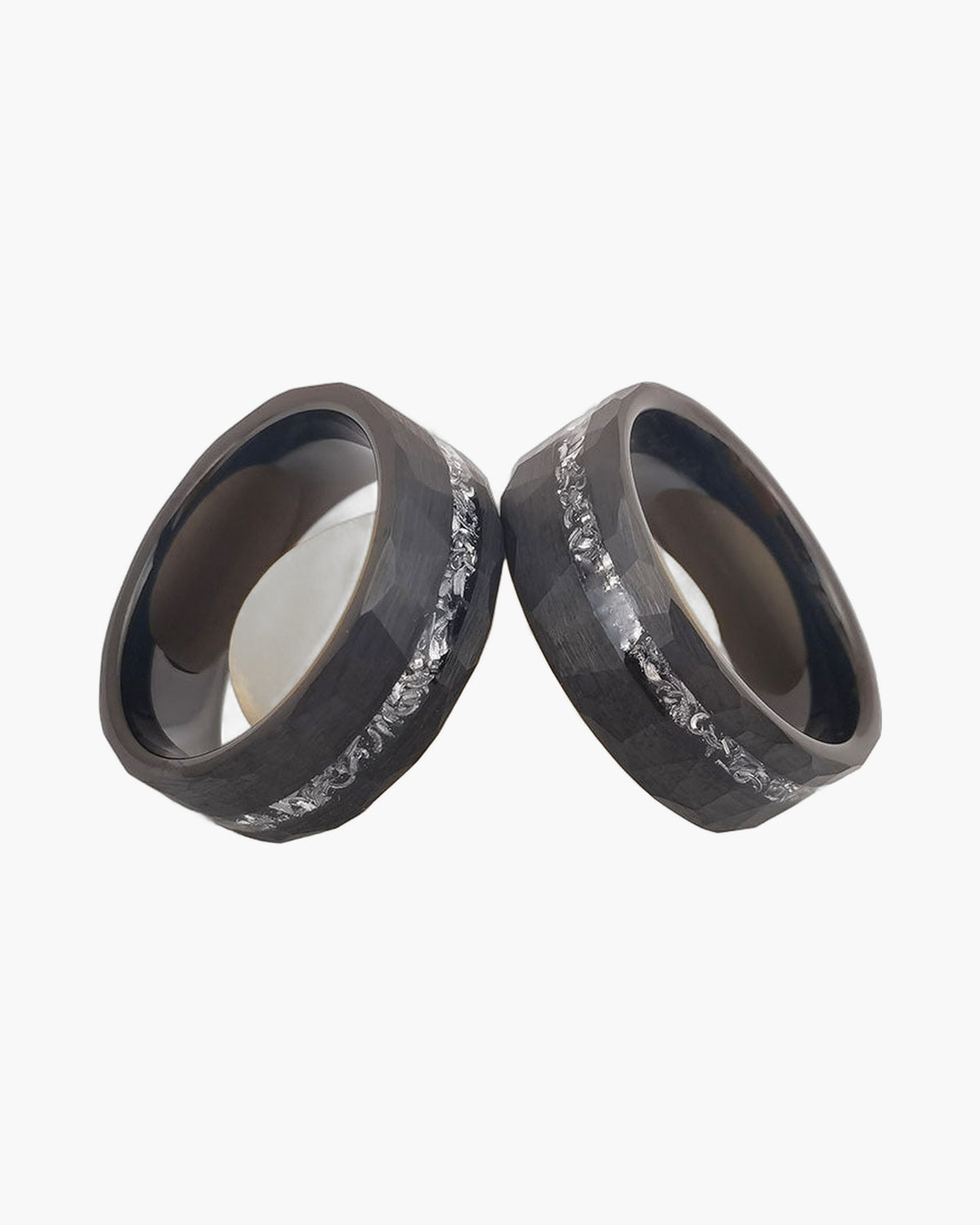 8mm Black Tungsten Carbide Faceted Inlay Ring, faceted black, crushed metal inlay view 4