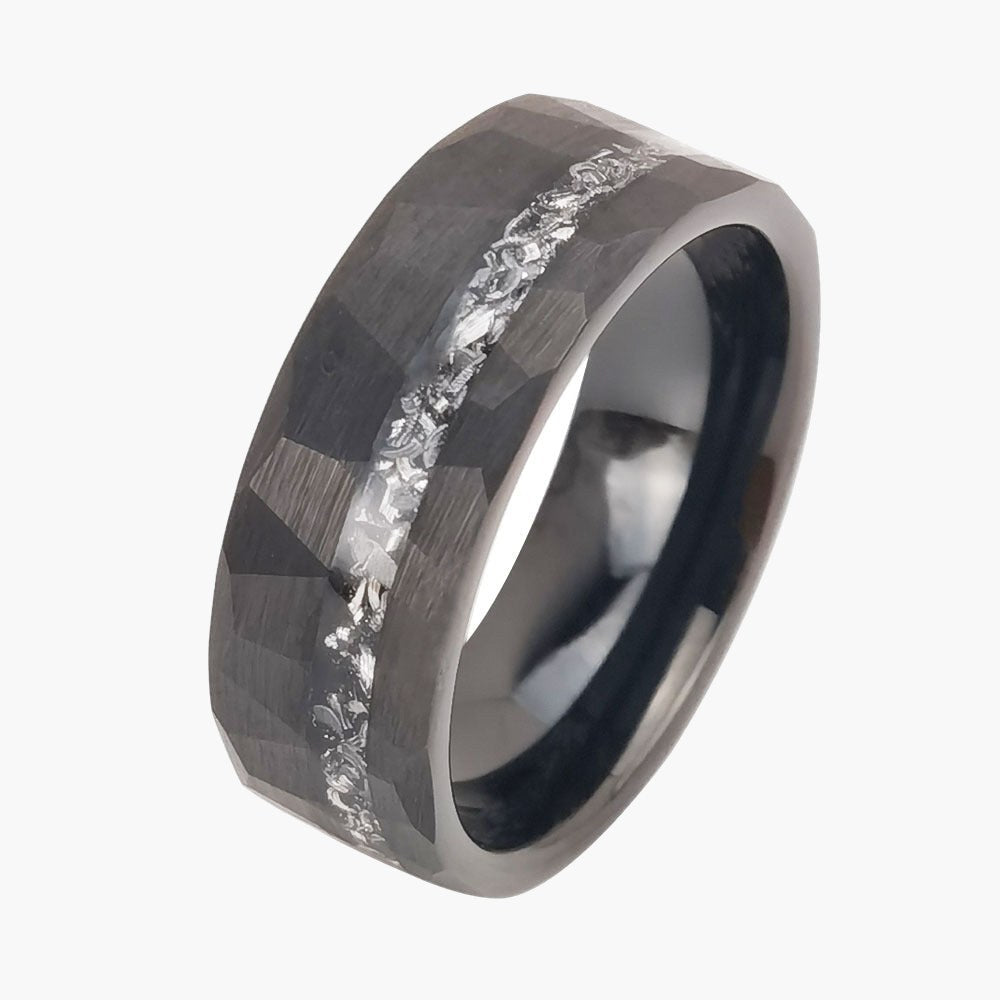 8mm Black Tungsten Carbide Faceted Inlay Ring, faceted black, crushed metal inlay