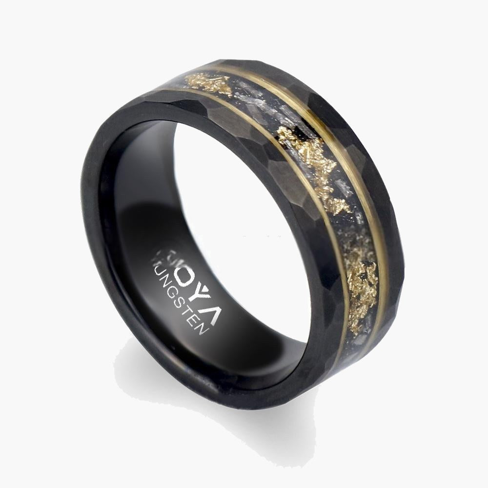 8mm Black Tungsten Carbide Gold Flake Ring with faceted texture view 4