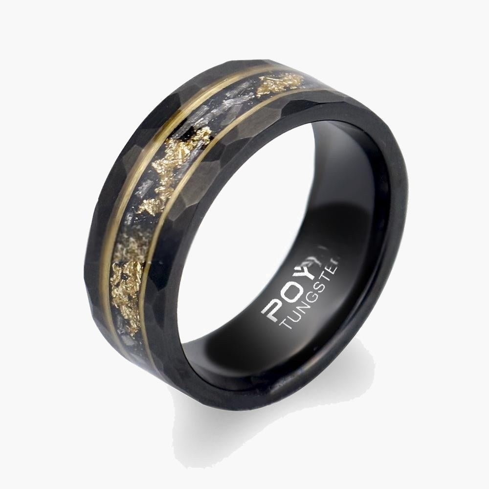 8mm Black Tungsten Carbide Gold Flake Ring with faceted texture view 3