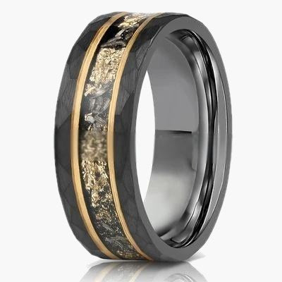8mm Black Tungsten Carbide Gold Flake Ring with faceted texture