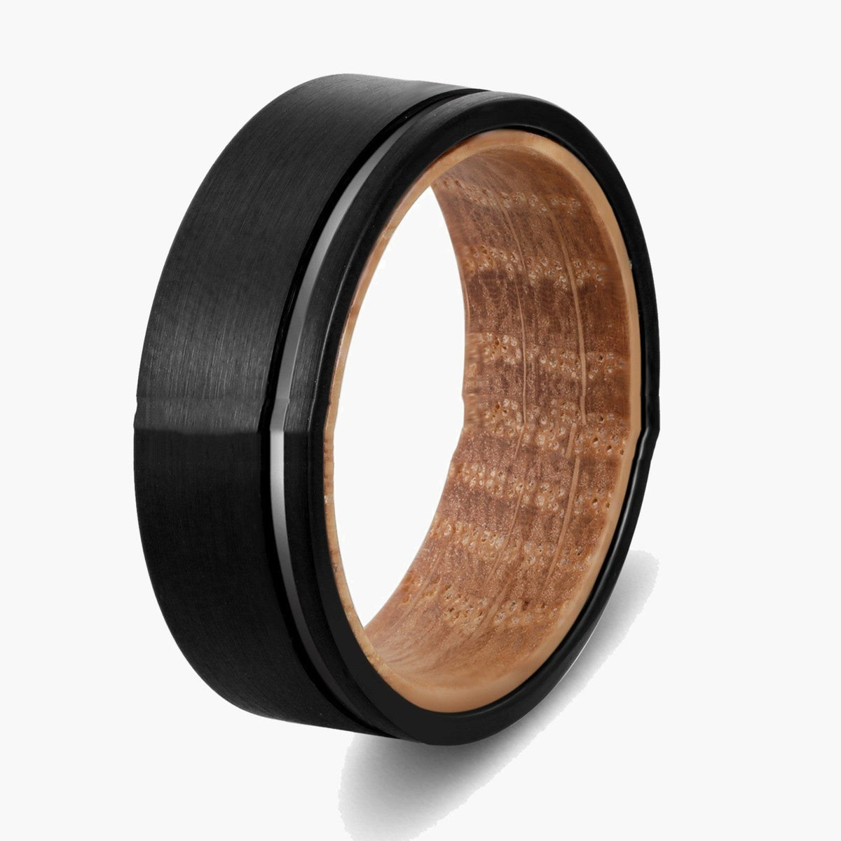 8mm Black Tungsten Carbide Wood Inlay Ring, modern, durable, men's jewelry