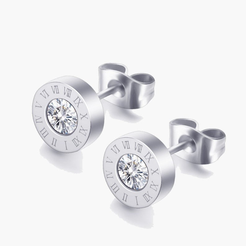 8mm Roman Numeral Stud Earrings, gold-tone with CZ stone view 2