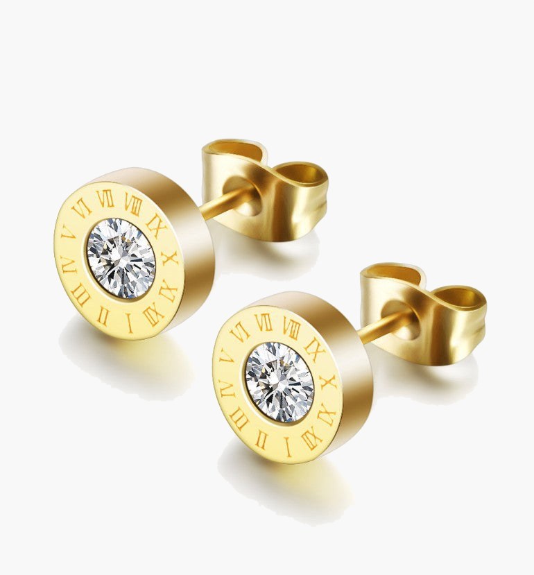 8mm Roman Numeral Stud Earrings, gold-tone with CZ stone