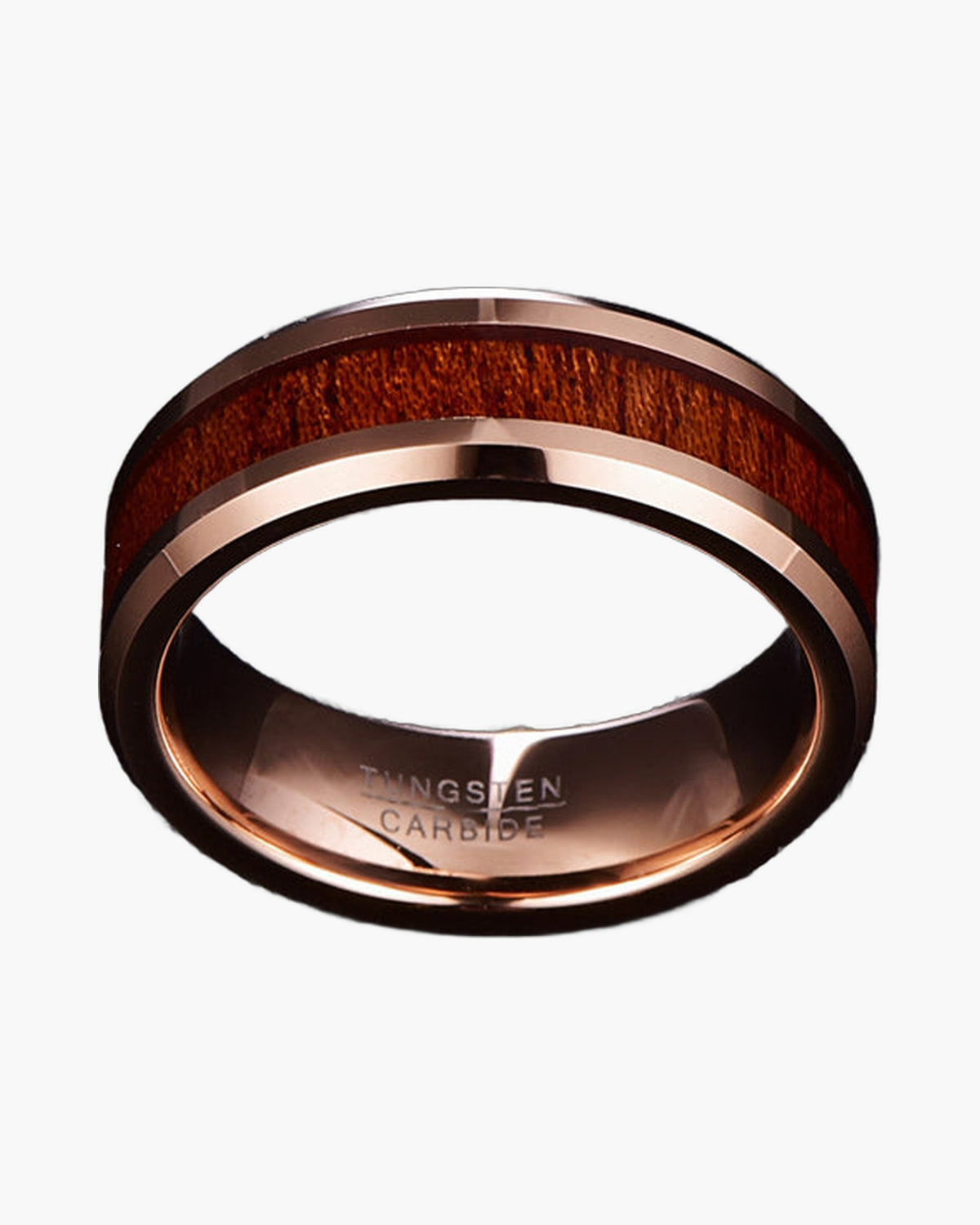 8mm Rose Gold Tungsten Carbide Wood Inlay Ring angled view view 2