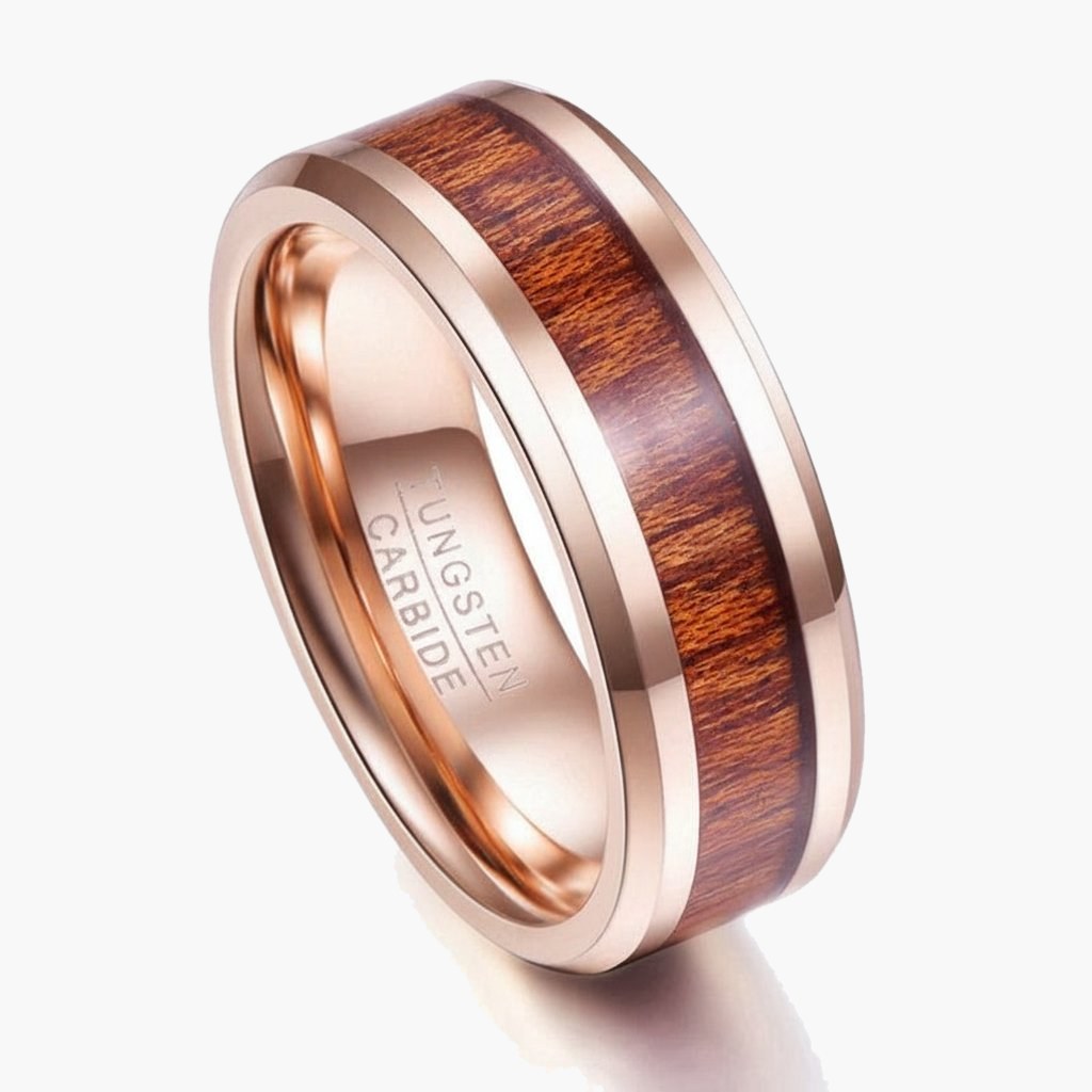 8mm Rose Gold Tungsten Carbide Wood Inlay Ring angled view view 3