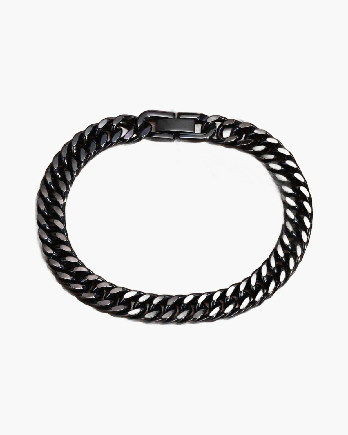 8mm Stainless Steel Curb Link Bracelet closed on wood background view 6
