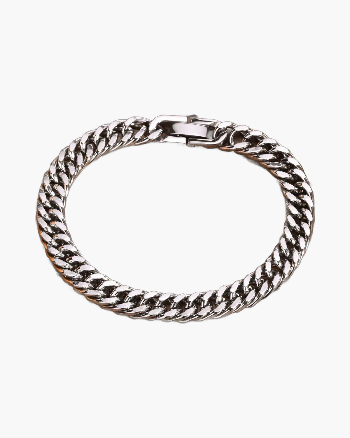 8mm Stainless Steel Curb Link Bracelet closed on wood background