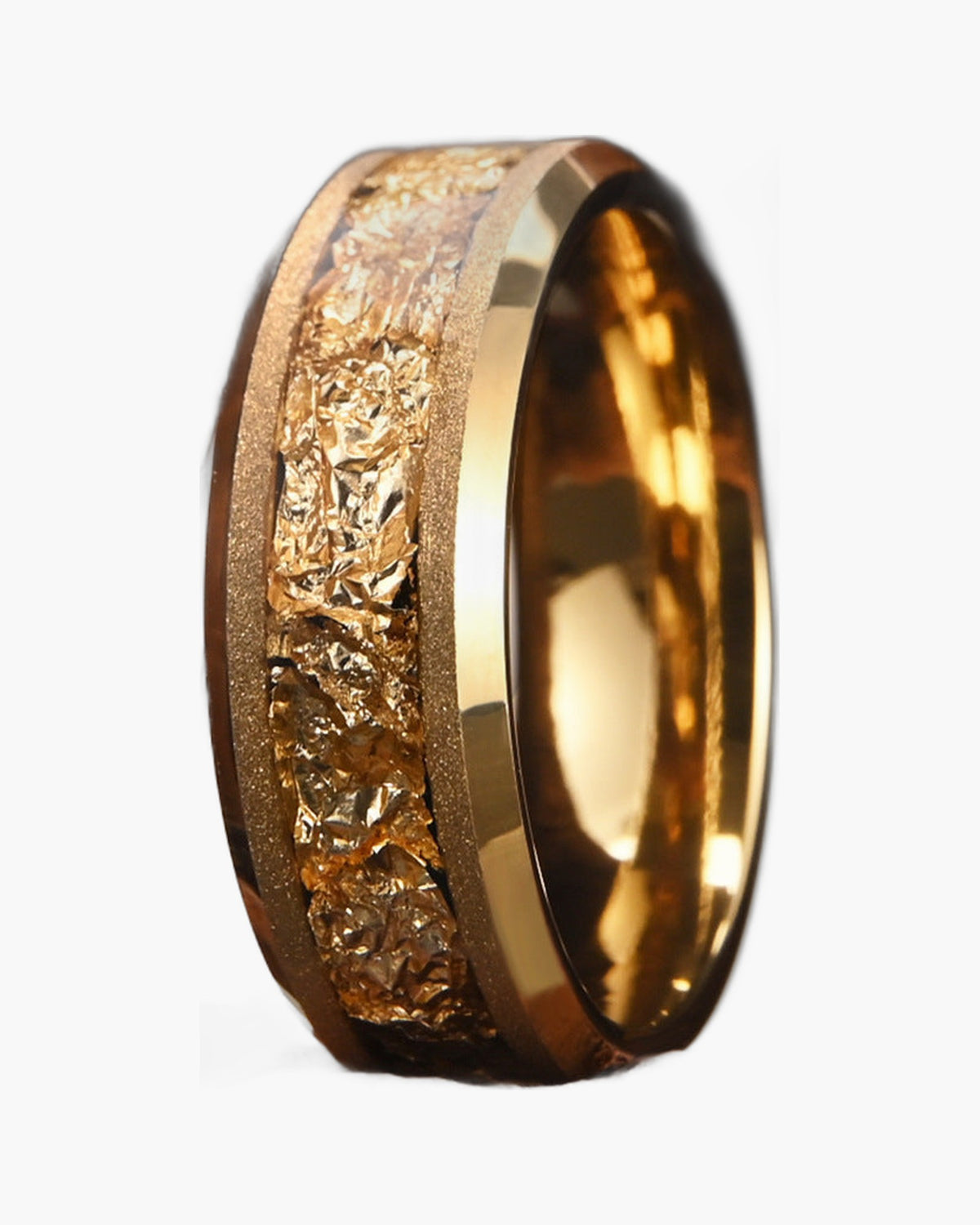 8mm Tungsten Carbide Gold Flake Inlay Ring - gold tone, textured view 4