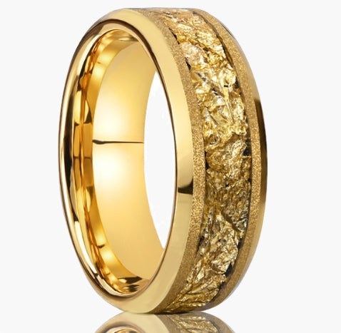 8mm Tungsten Carbide Gold Flake Inlay Ring - gold tone, textured view 2