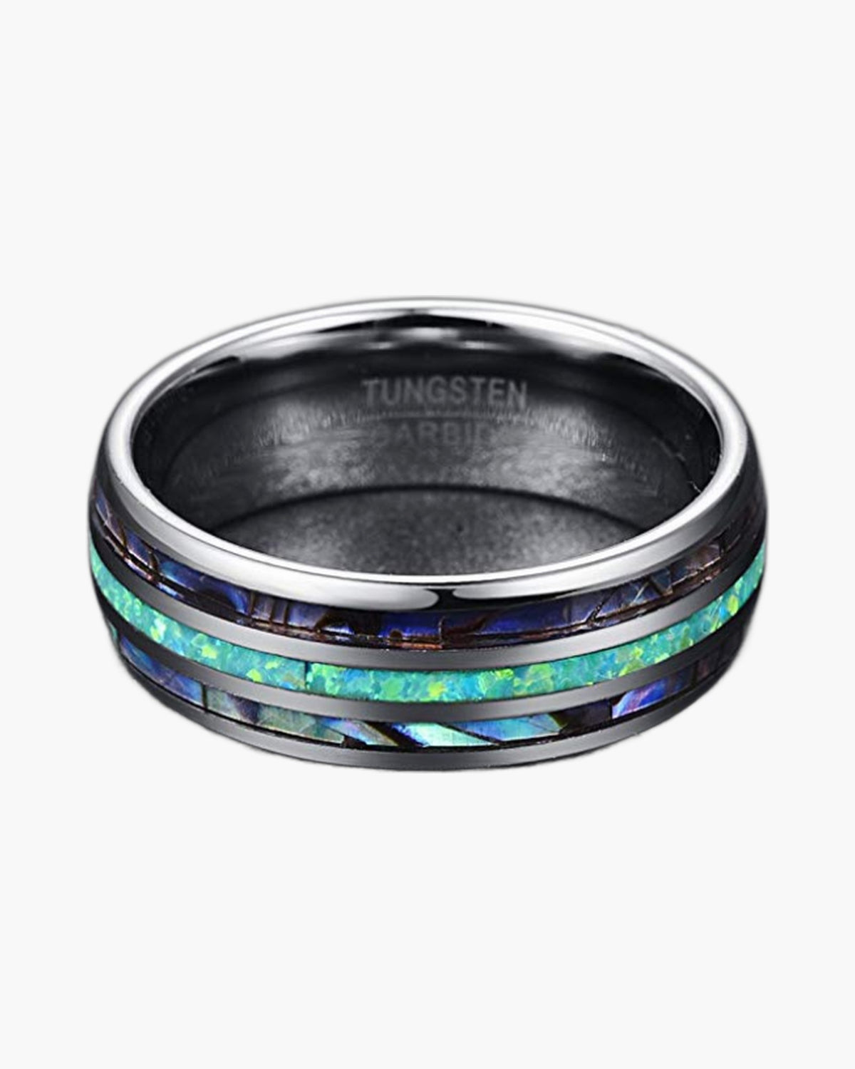 8mm Tungsten Carbide Opal Abalone Inlay Ring, iridescent, durable view 4