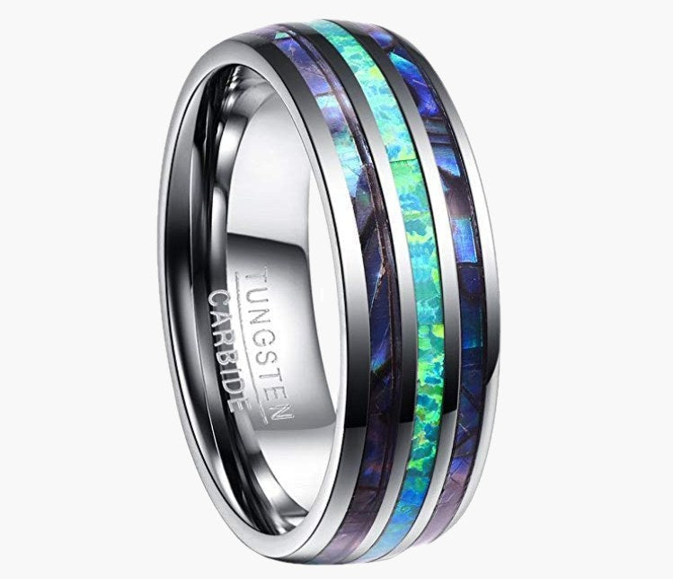 8mm Tungsten Carbide Opal Abalone Inlay Ring, iridescent, durable view 3