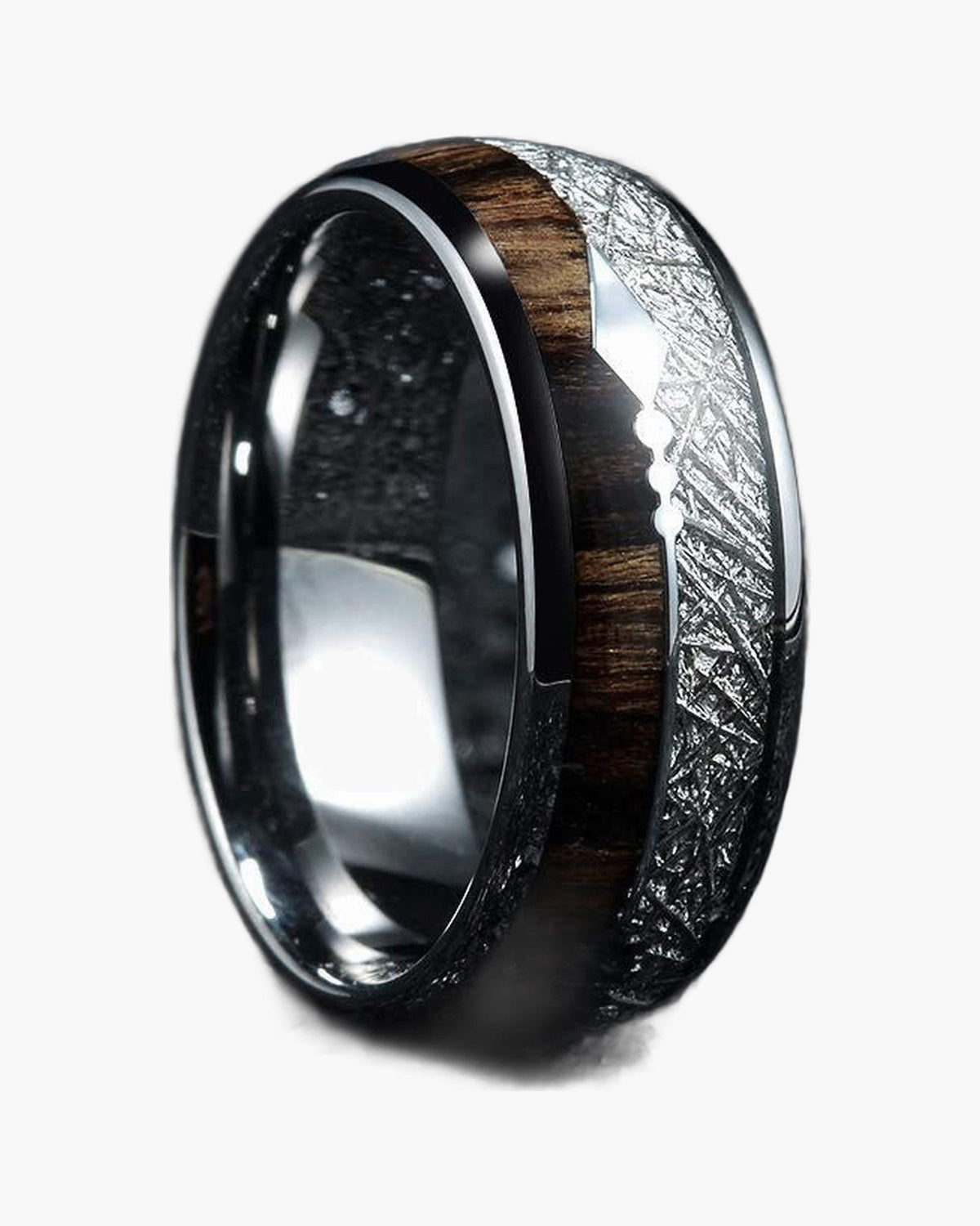8mm Tungsten Carbide Wood Meteorite Inlay Ring with polished finish view 3