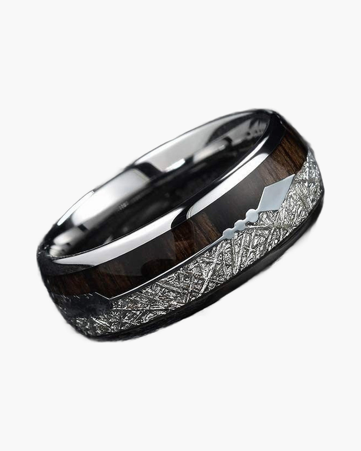 8mm Tungsten Carbide Wood Meteorite Inlay Ring with polished finish view 2