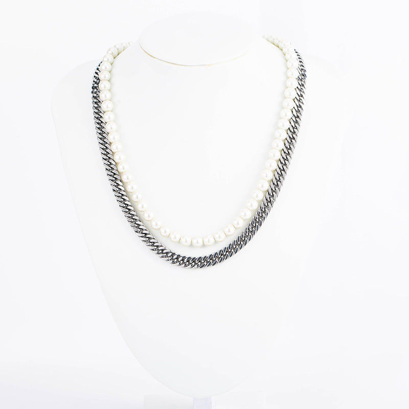 The Layered Pearl and Curb Chain Necklace in Steel, view 2