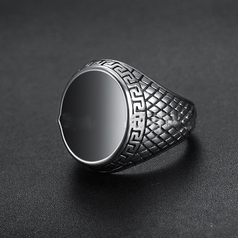 Stainless Steel Black Inlay Signet Ring with geometric patterns view 4