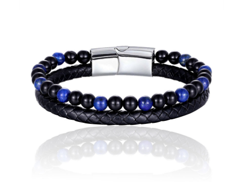 The Double-Strand Leather and Stone Bead Bracelet, view 5