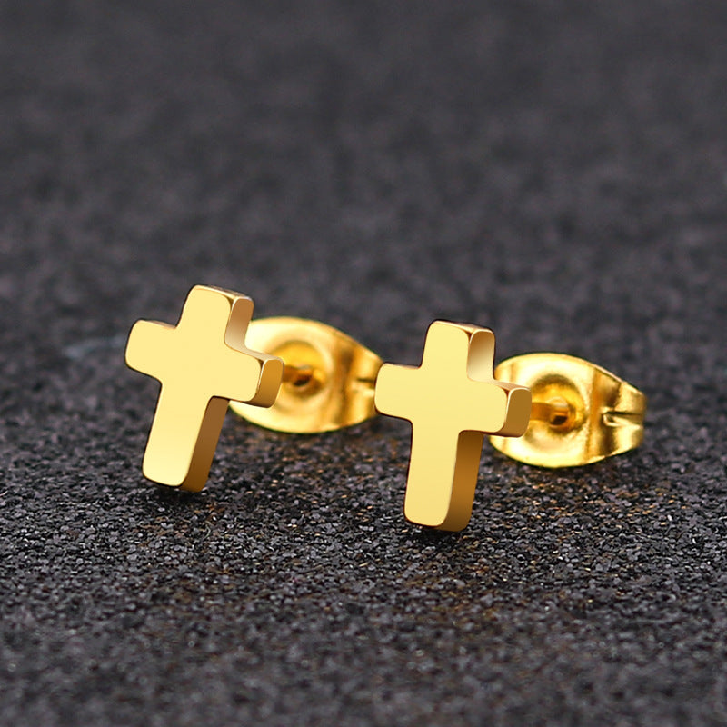 Stainless Steel Cross Stud Earrings in silver, black, and gold-tone view 3
