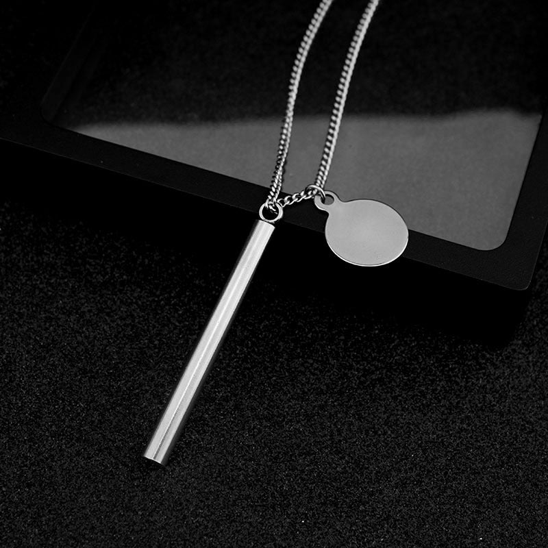 Stainless Steel Bar Disc Pendant Necklace on a black background view 4