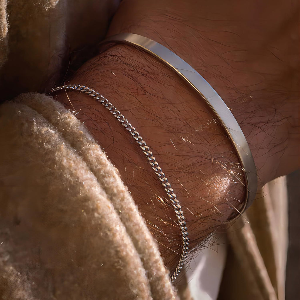 Stainless Steel Cuff and Curb Chain Bracelet Set in silver tone with etched details view 2