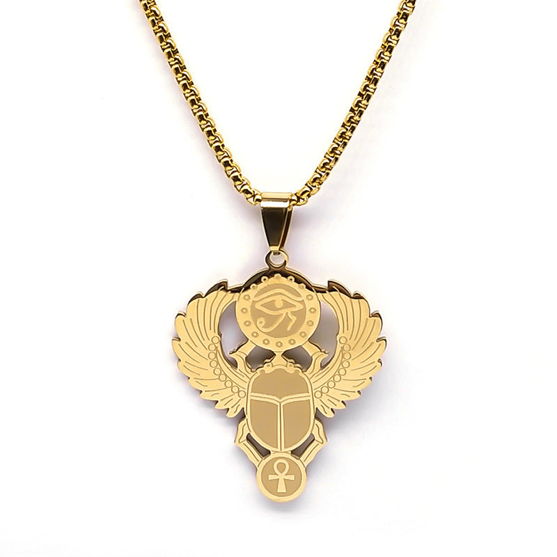 Egyptian Scarab Eye of Horus Pendant Necklace, gold-tone finish