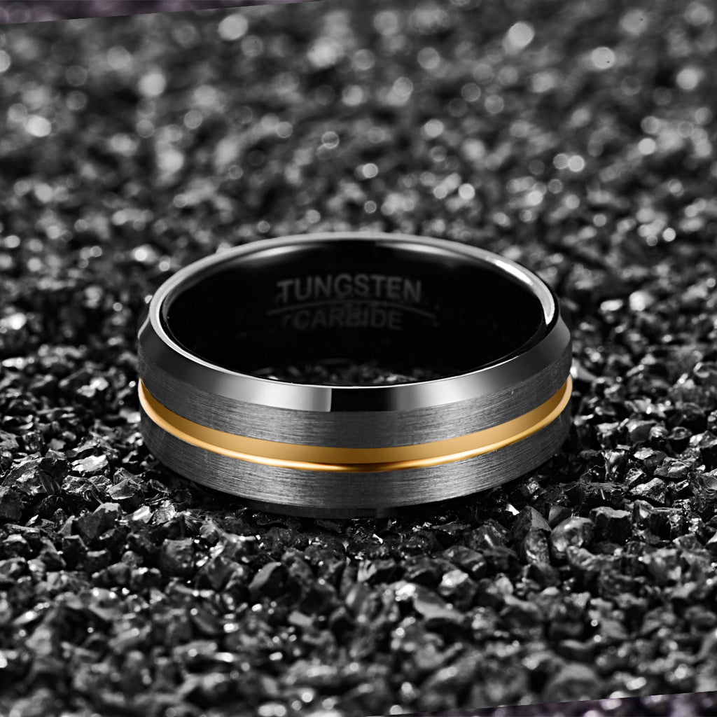 Black Tungsten Carbide Gold Inlay Ring on a white background view 4