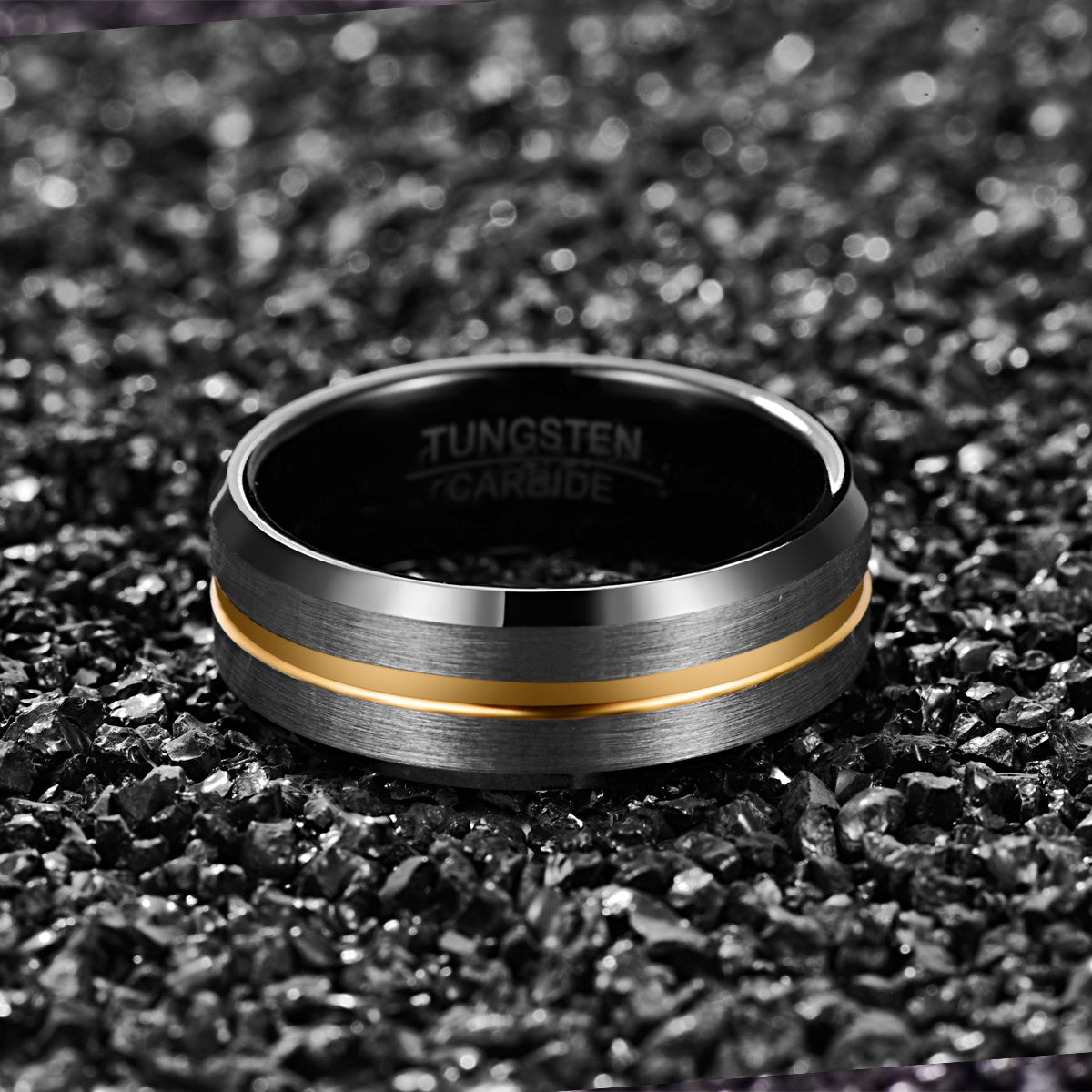 Black Tungsten Carbide Gold Inlay Ring on a white background view 4