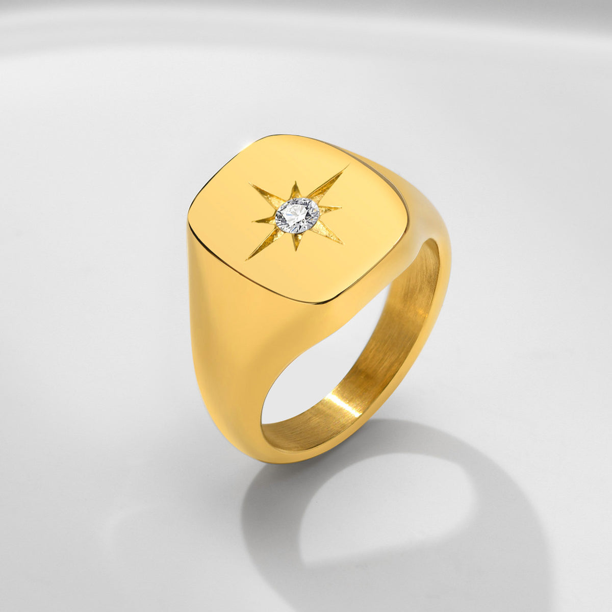 Gold-Tone Star Signet Ring, square face, starburst design