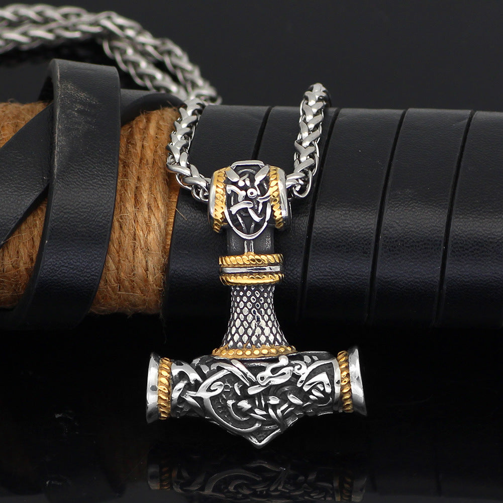 Viking Mjolnir Hammer Pendant Necklace with intricate knotwork on a wheat chain view 2