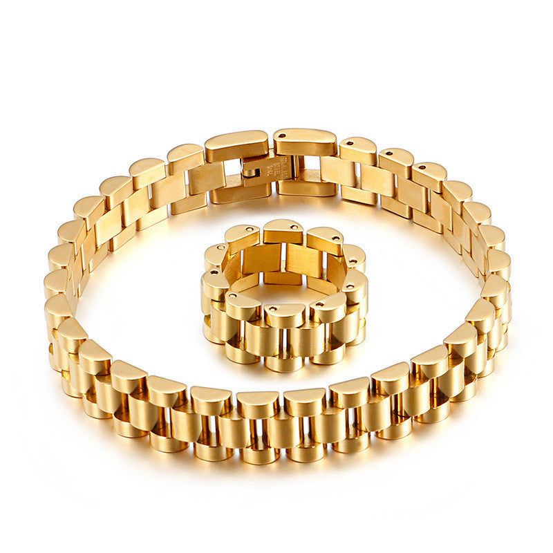 Titanium Steel President Link Bracelet and Ring Set in gold-tone