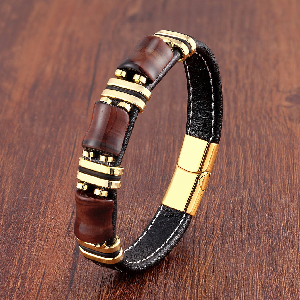 Braided Leather Gemstone Magnetic Bracelet with tiger eye stones view 2